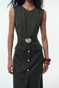 LINEN BELTED MIDI DRESS