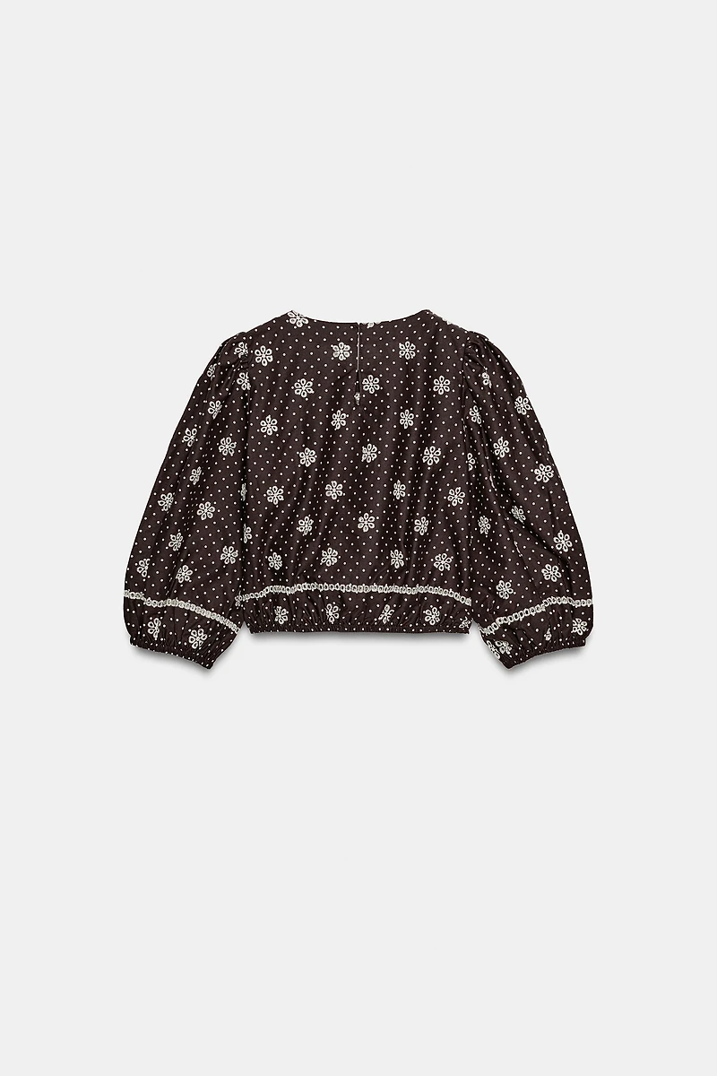 EMBROIDERED PERFORATED POLKA DOT BLOUSE