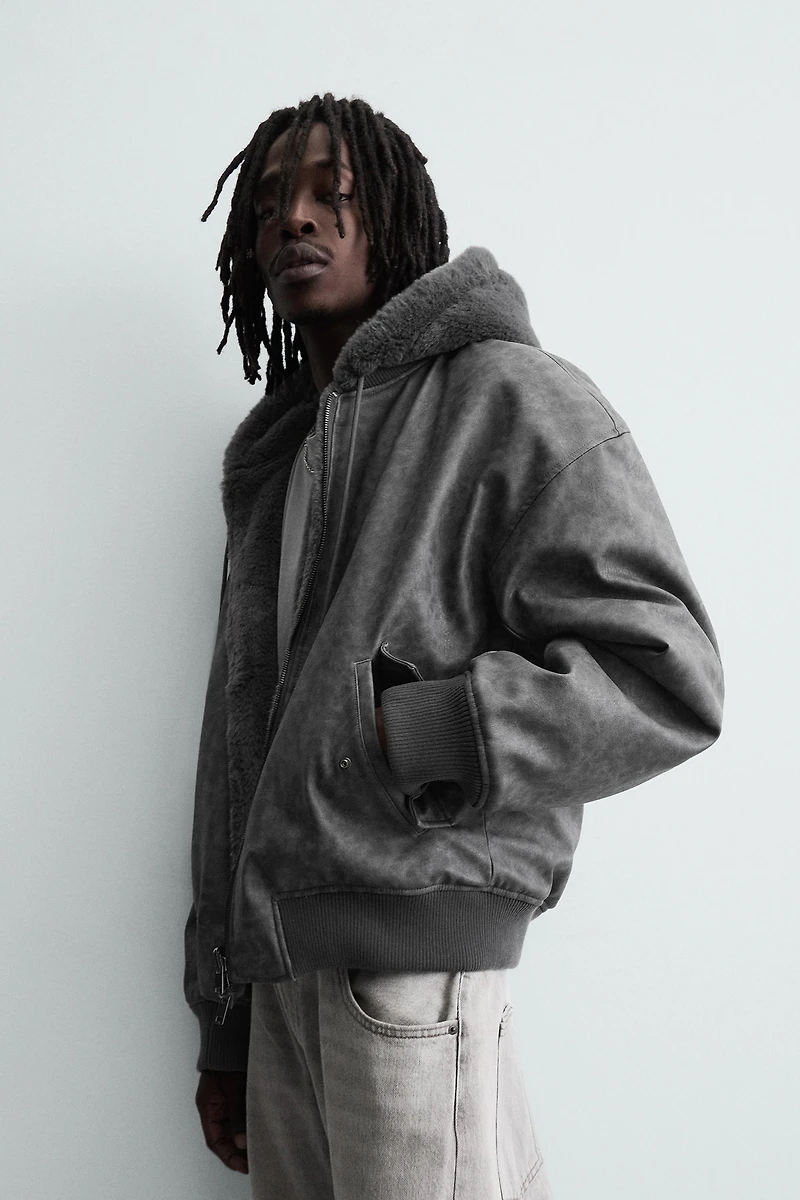 REVERSIBLE FAUX LEATHER BOMBER JACKET