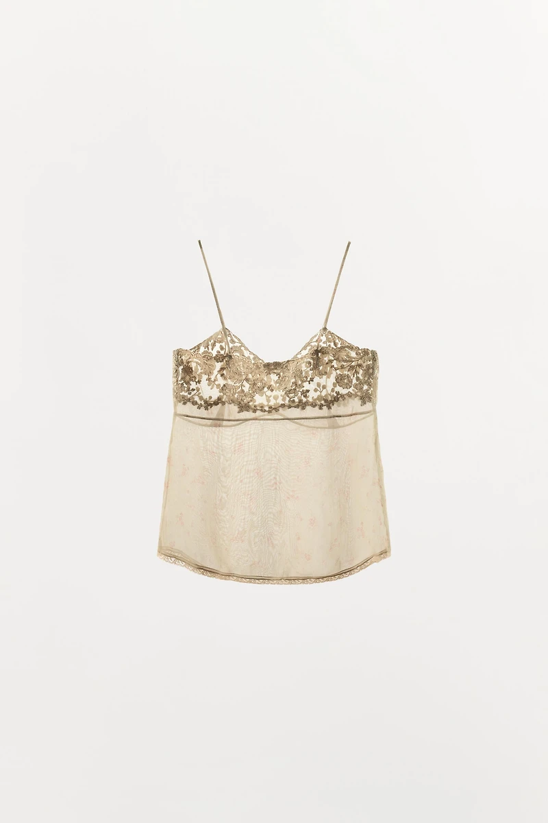 EMBROIDERED PRINTED ORGANZA TOP