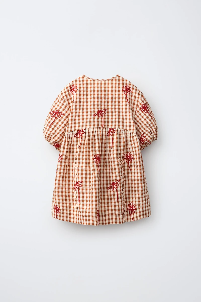 PLAID EMBROIDERED FLORAL DRESS