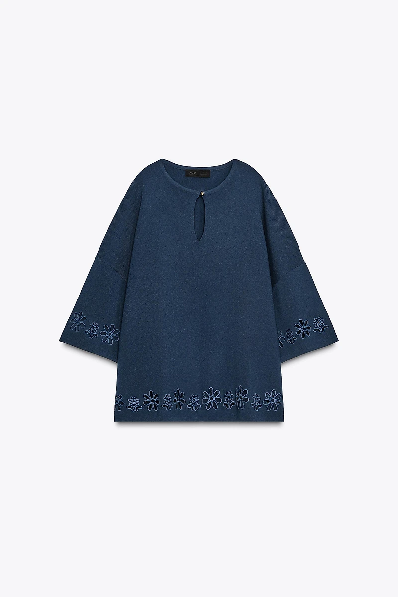 EMBROIDERED EYELET KNIT TOP