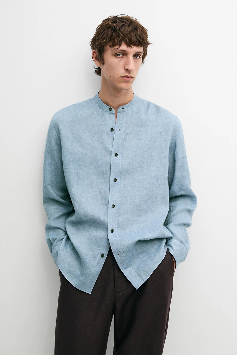 Regular fit contrast button 100% linen shirt