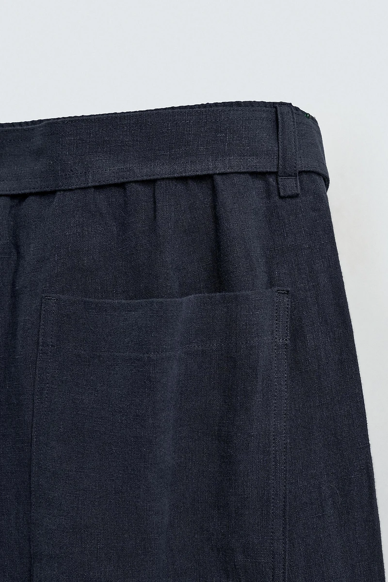 RELAXED FIT 100% LINEN BELTED PANTS
