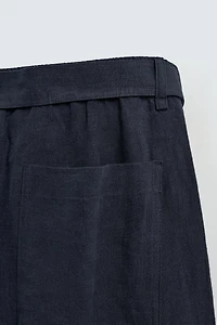 RELAXED FIT 100% LINEN BELTED PANTS