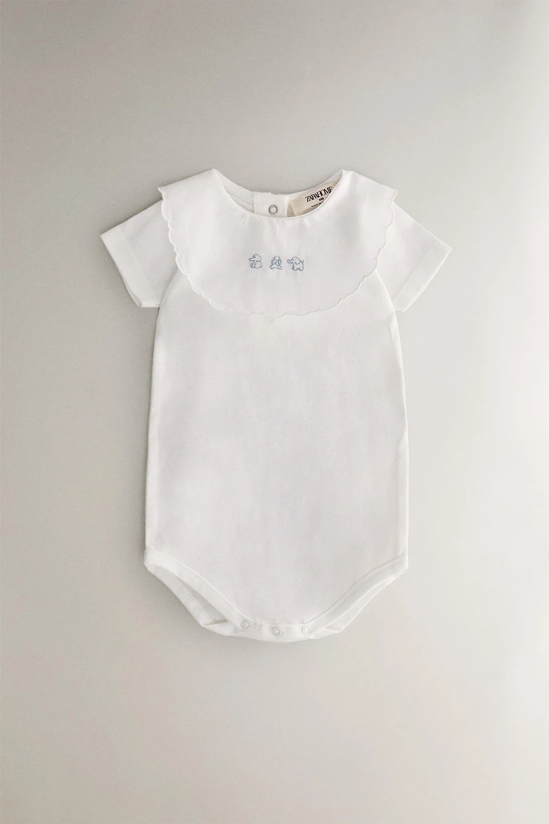 ELEPHANT EMBROIDERED SHORT BABY ROMPER