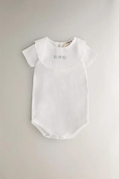 ELEPHANT EMBROIDERED SHORT BABY ROMPER