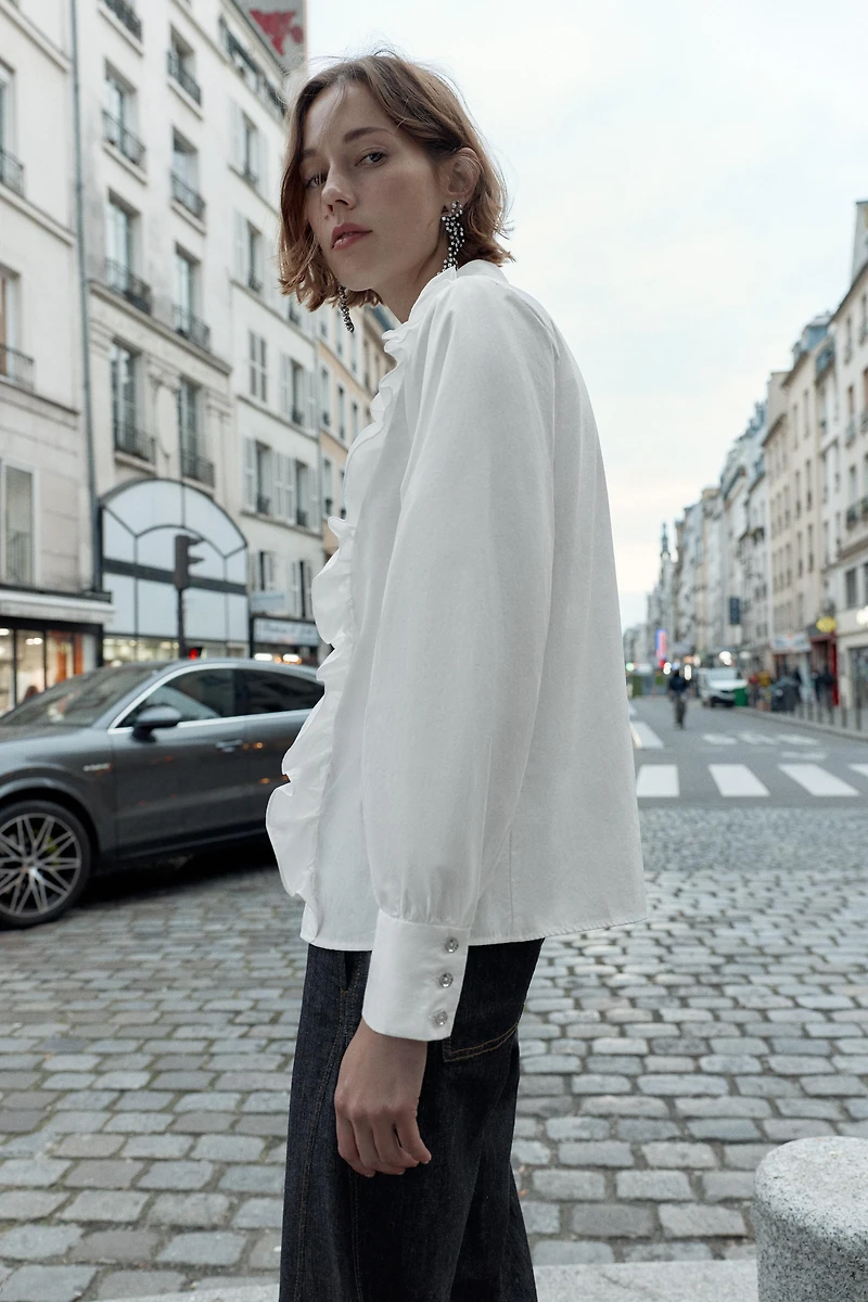 BEADED LAPEL POPLIN SHIRT