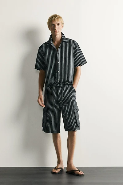 STRIPED COTTON-LINEN DENIM CARGO SHORTS