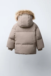 WATER-REPELLENT FEATHER DOWN PUFFER COAT WITH REMOVABLE FAUX FUR HOODIE