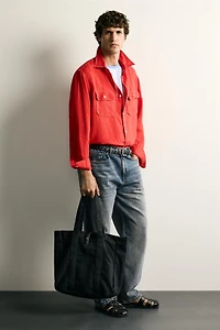 FABRIC SHOPPER WITH LEATHER CLOSURE