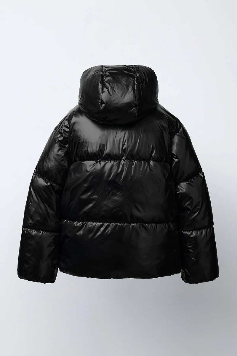 SHINY HOODED PUFFER JACKET WITH FAUX FUR LINING
