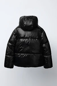 SHINY HOODED PUFFER JACKET WITH FAUX FUR LINING