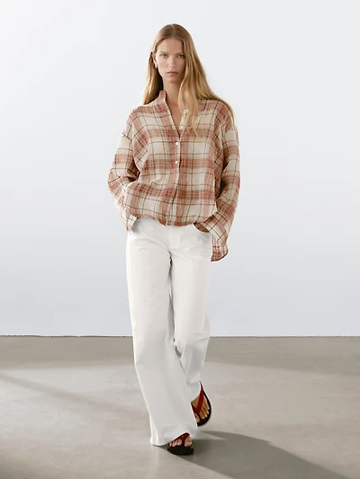 Oversized checked shirt with stand collar