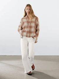 Oversized checked shirt with stand collar
