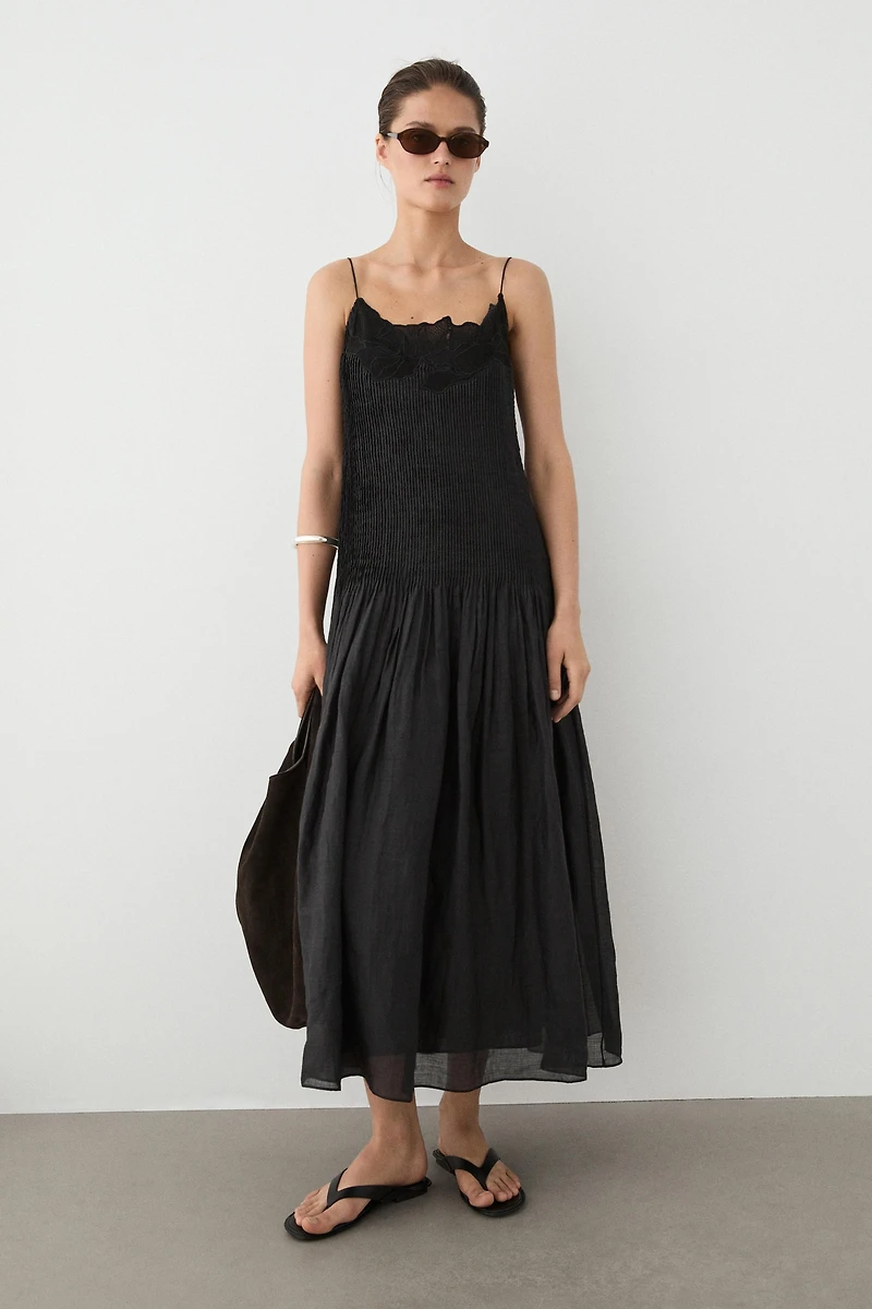 Flowing embroidered midi dress with pintuck detail