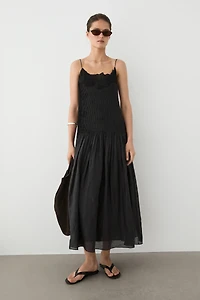 Flowing embroidered midi dress with pintuck detail