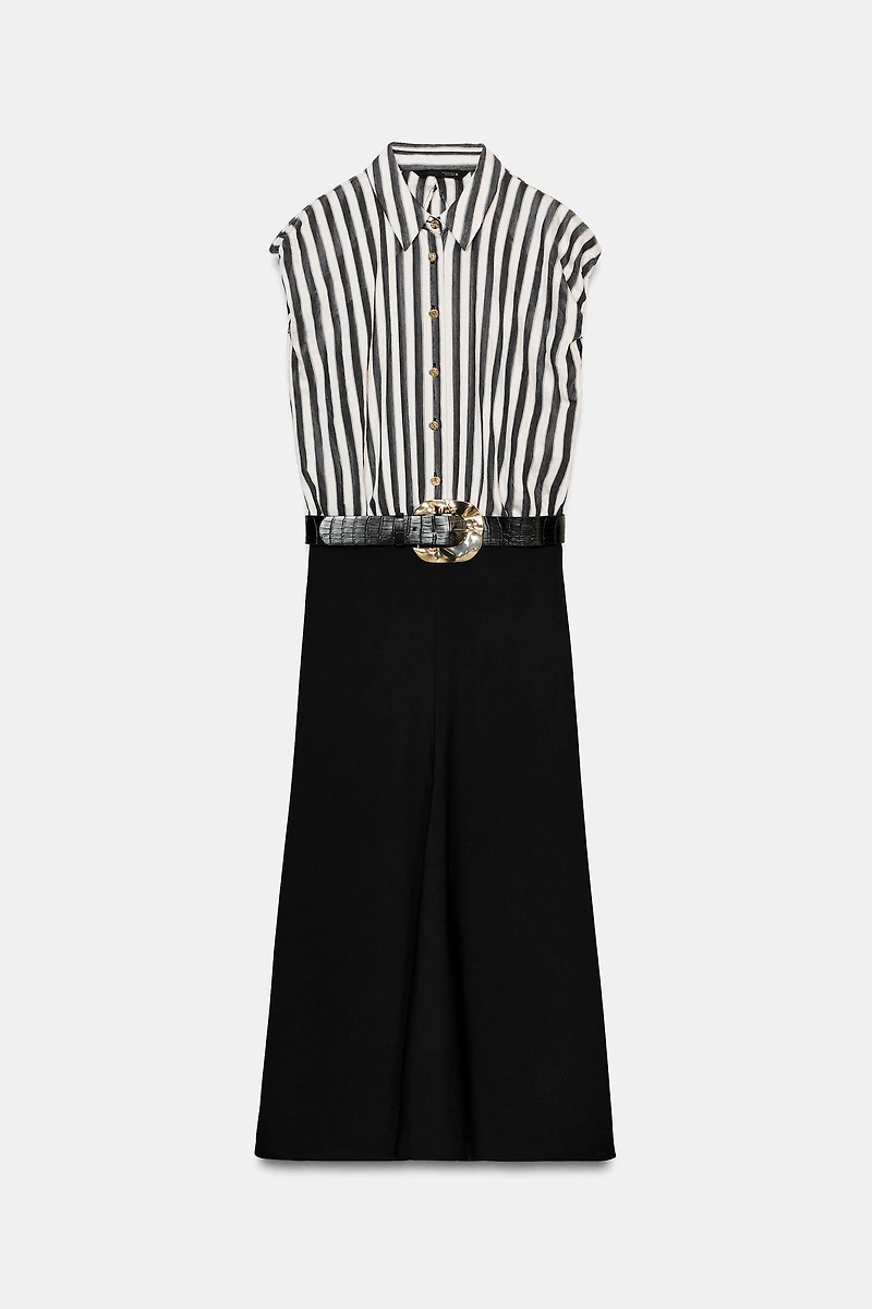 COMBINED STRIPED BELTED MIDI DRESS