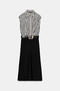 COMBINED STRIPED BELTED MIDI DRESS