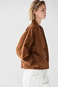 Suede leather V-neck jacket