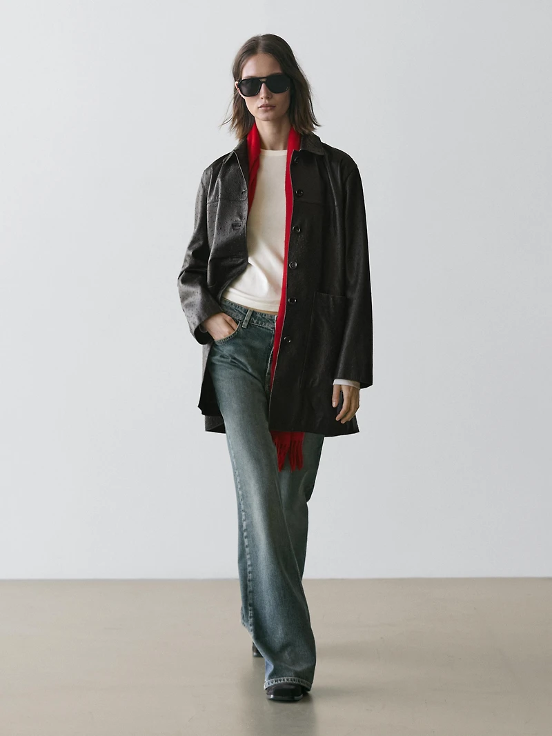 Long textured nappa leather coat