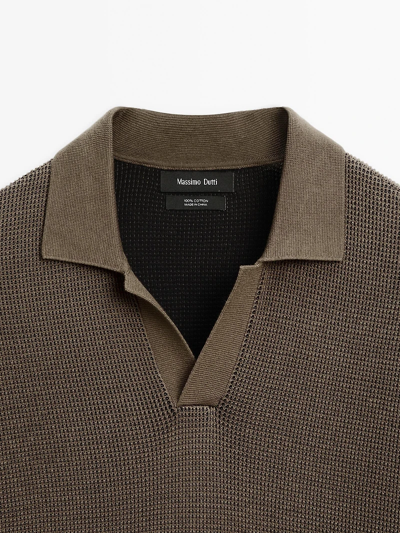 Textured knit V-neck polo shirt