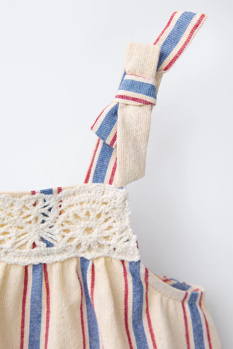 COMBINATION CROCHET KNIT STRIPED TOP
