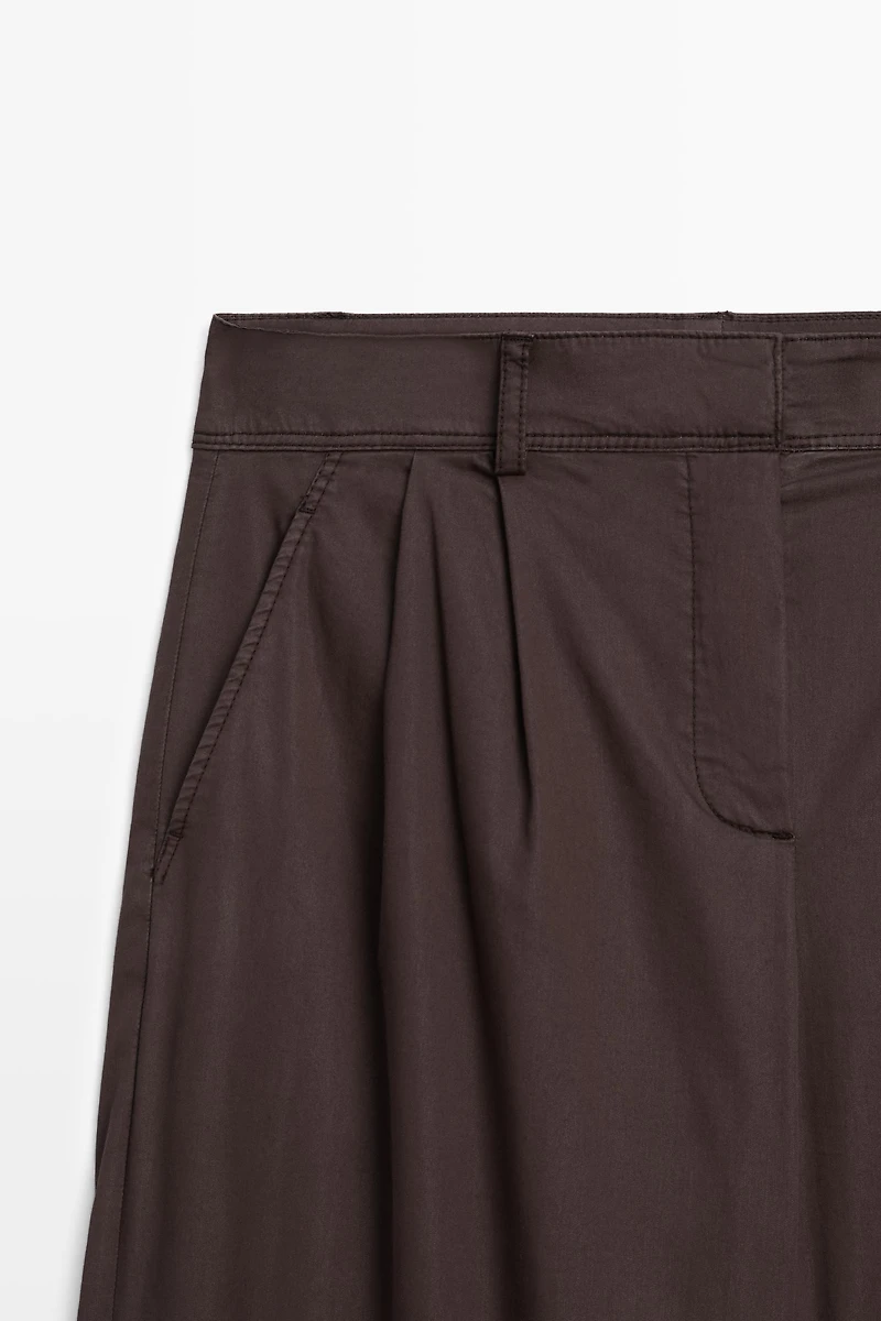 Cotton blend poplin pleated pants