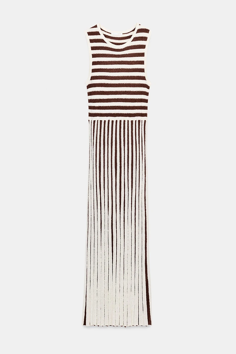 LONG TEXTURED PLEATED STRIPED DRESS