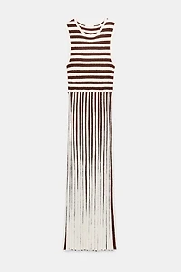 LONG TEXTURED PLEATED STRIPED DRESS