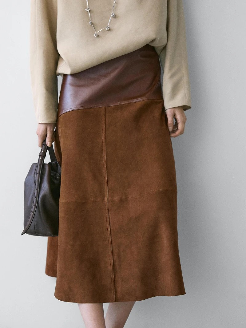 Suede nappa leather skirt with asymmetric yoke