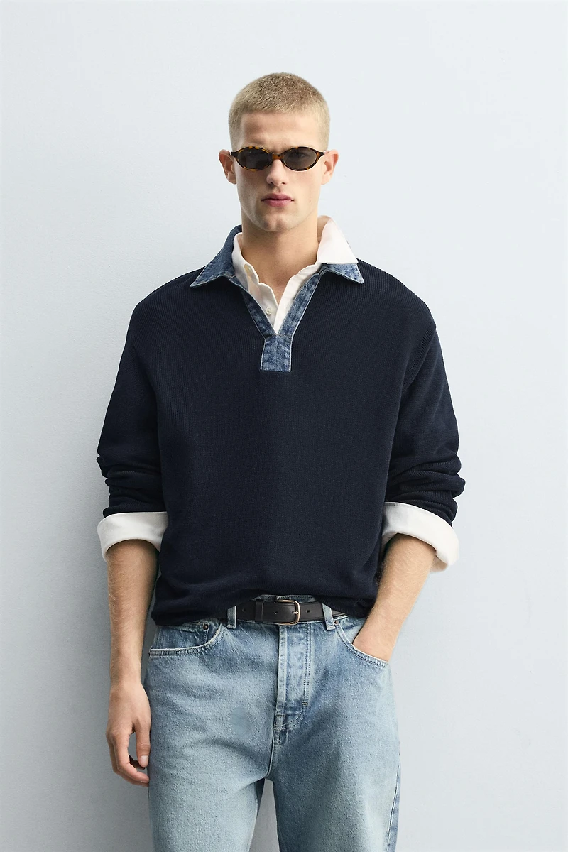 DENIM COLLAR KNIT POLO SHIRT