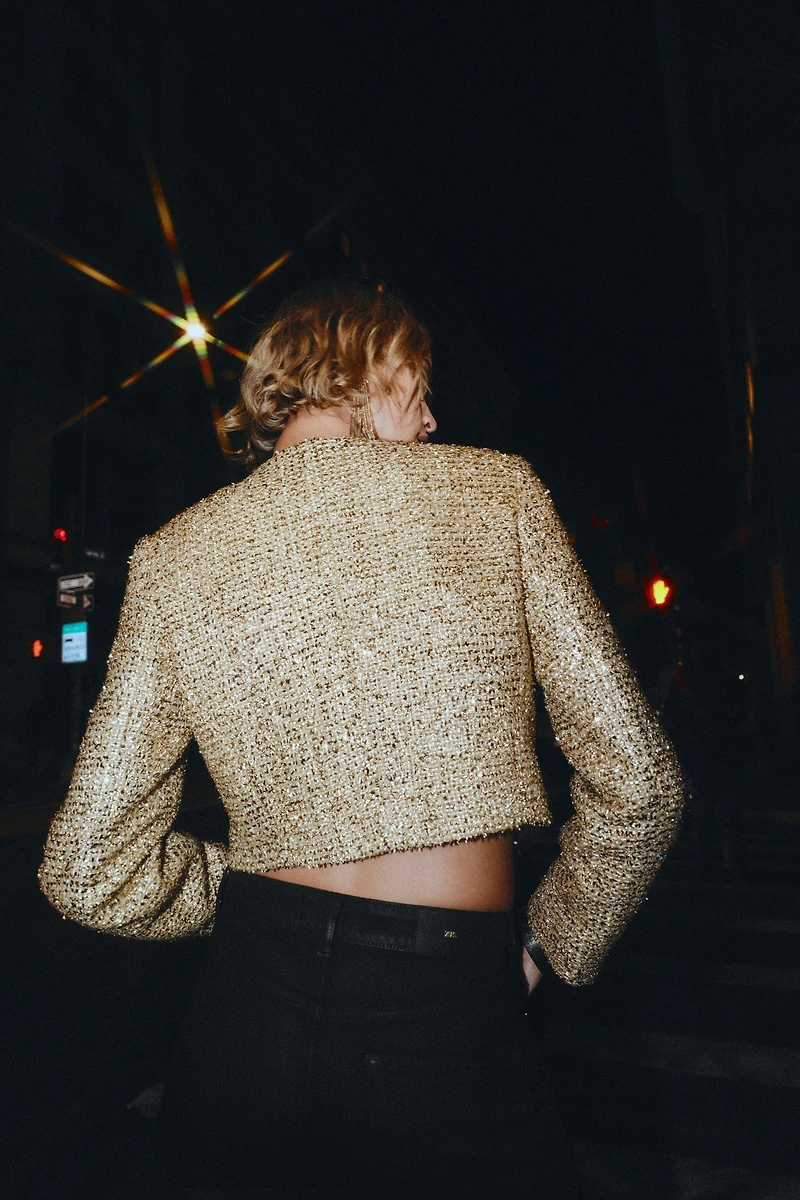 METALLIC THREAD TEXTURED CROPPED JACKET