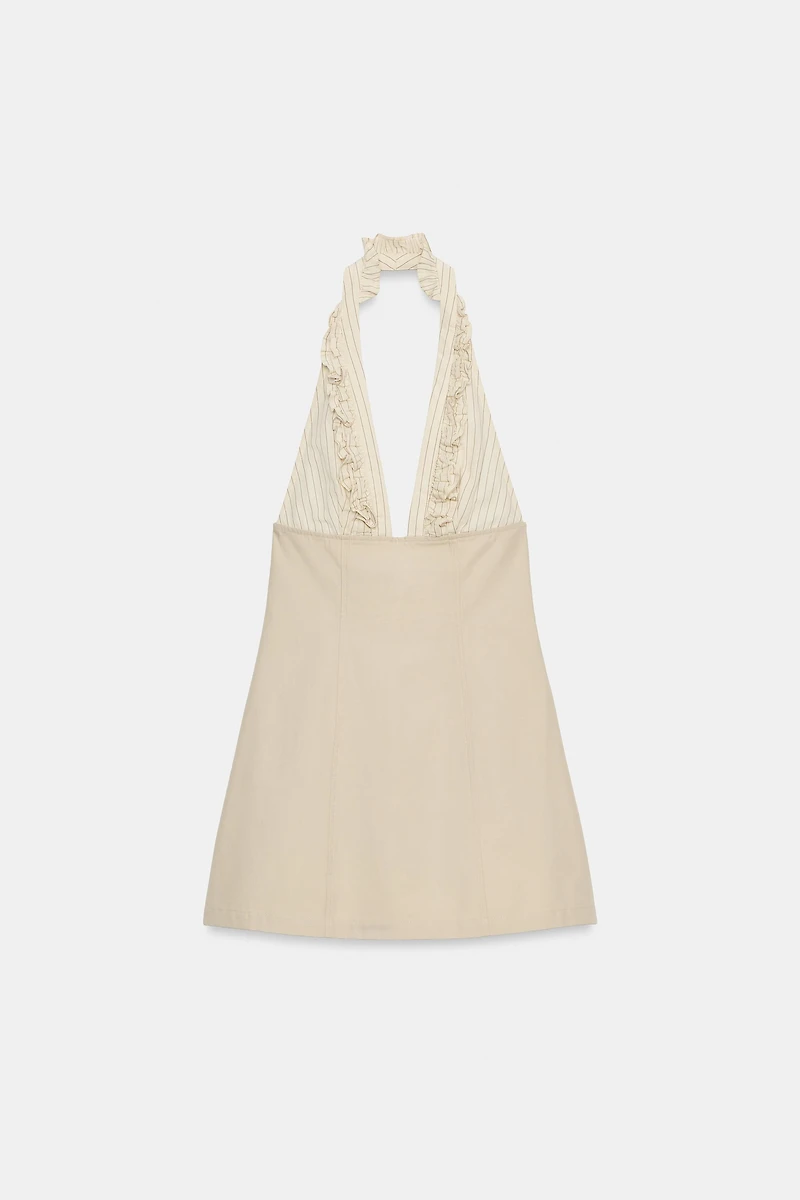 CONTRASTING RUFFLE HALTER MINI DRESS