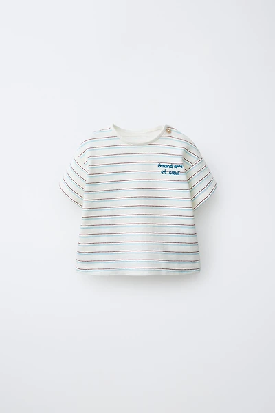 EMBROIDERED STRIPED TEXT T-SHIRT