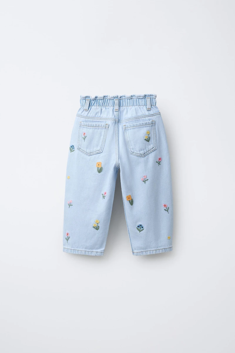 BAGGY PAPERBAG JEANS WITH EMBROIDERED FLOWERS
