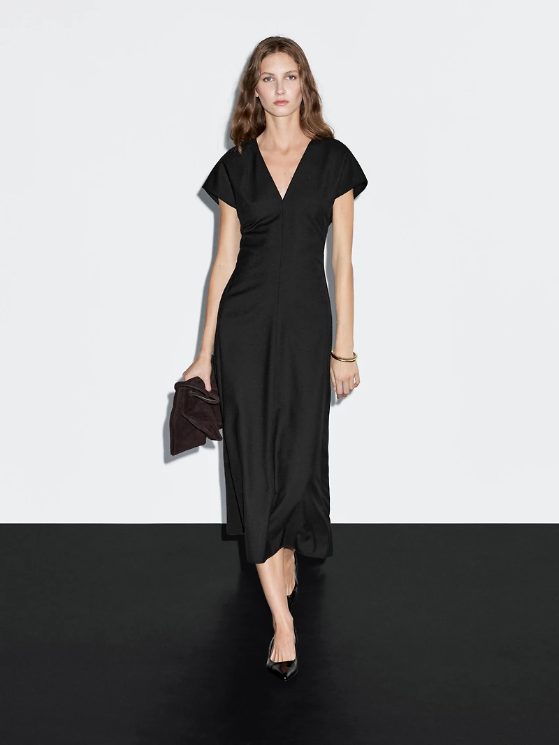 Long wool blend V-neck dress