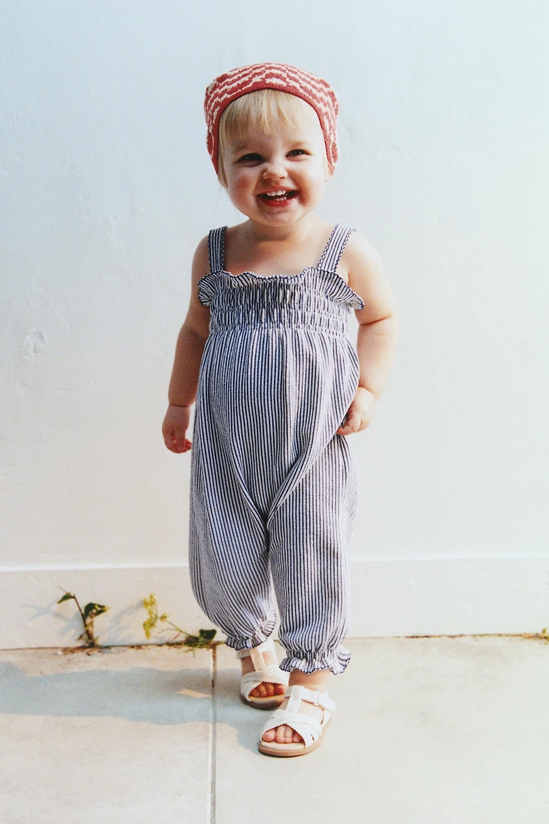 LONG SMOCKED STRIPED OVERALLS