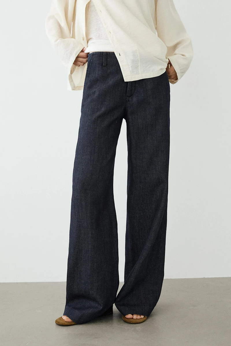 Wide-leg linen blend trousers