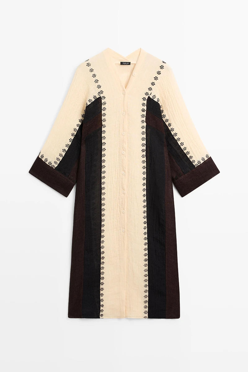 Linen blend embroidered kaftan dress