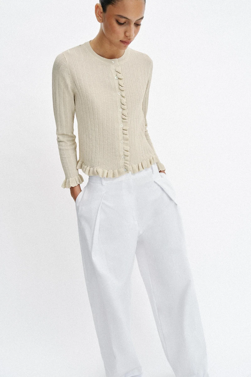 METALLIC THREAD RUFFLED KNIT CARDIGAN
