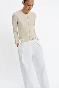 METALLIC THREAD RUFFLED KNIT CARDIGAN