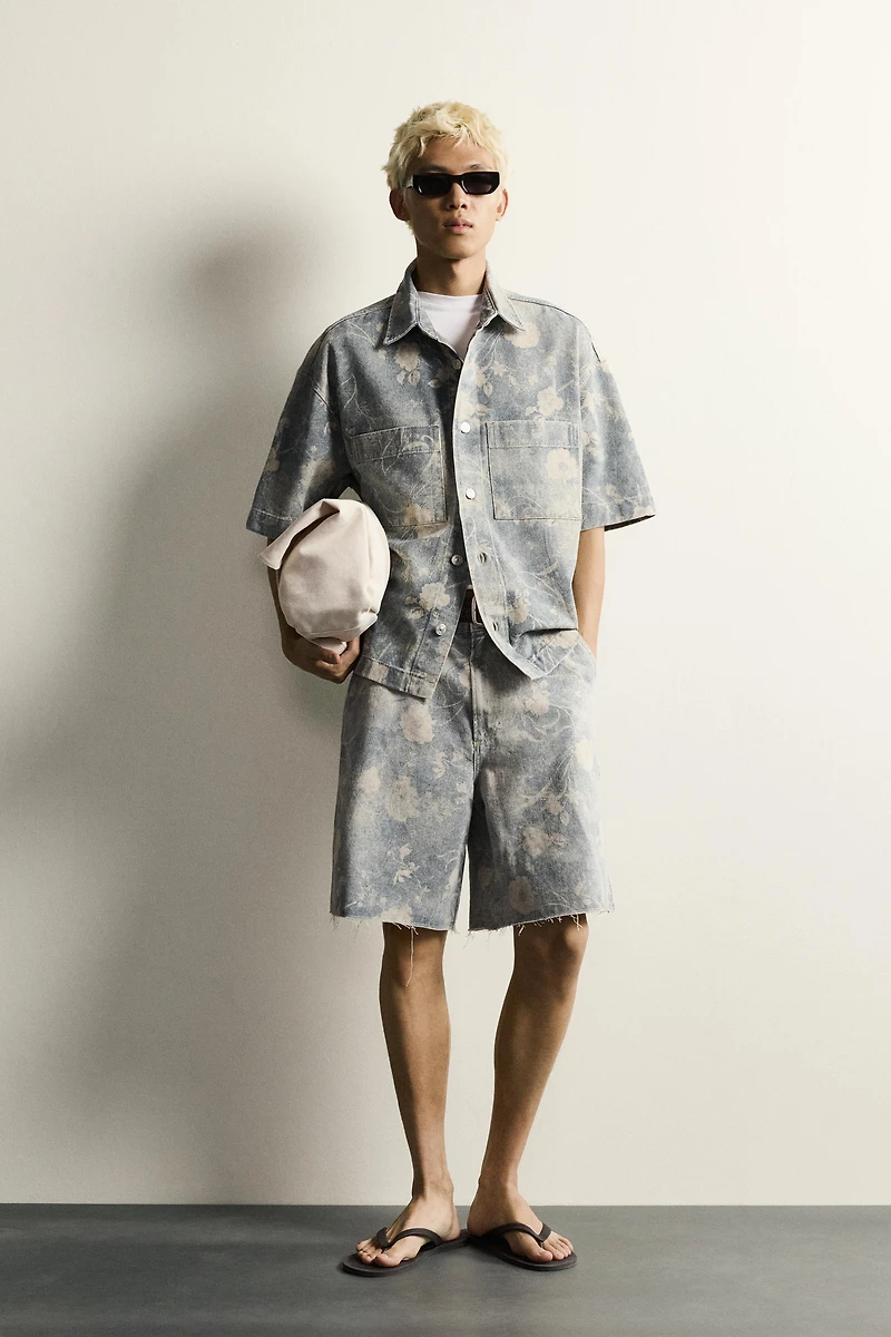 WASHED FLORAL PRINT RELAXED FIT SHORTS