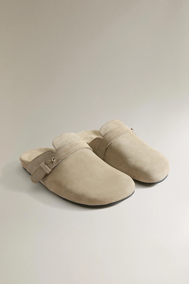 LEATHER MULE CLOG SLIPPERS WITH STRAP DETAIL