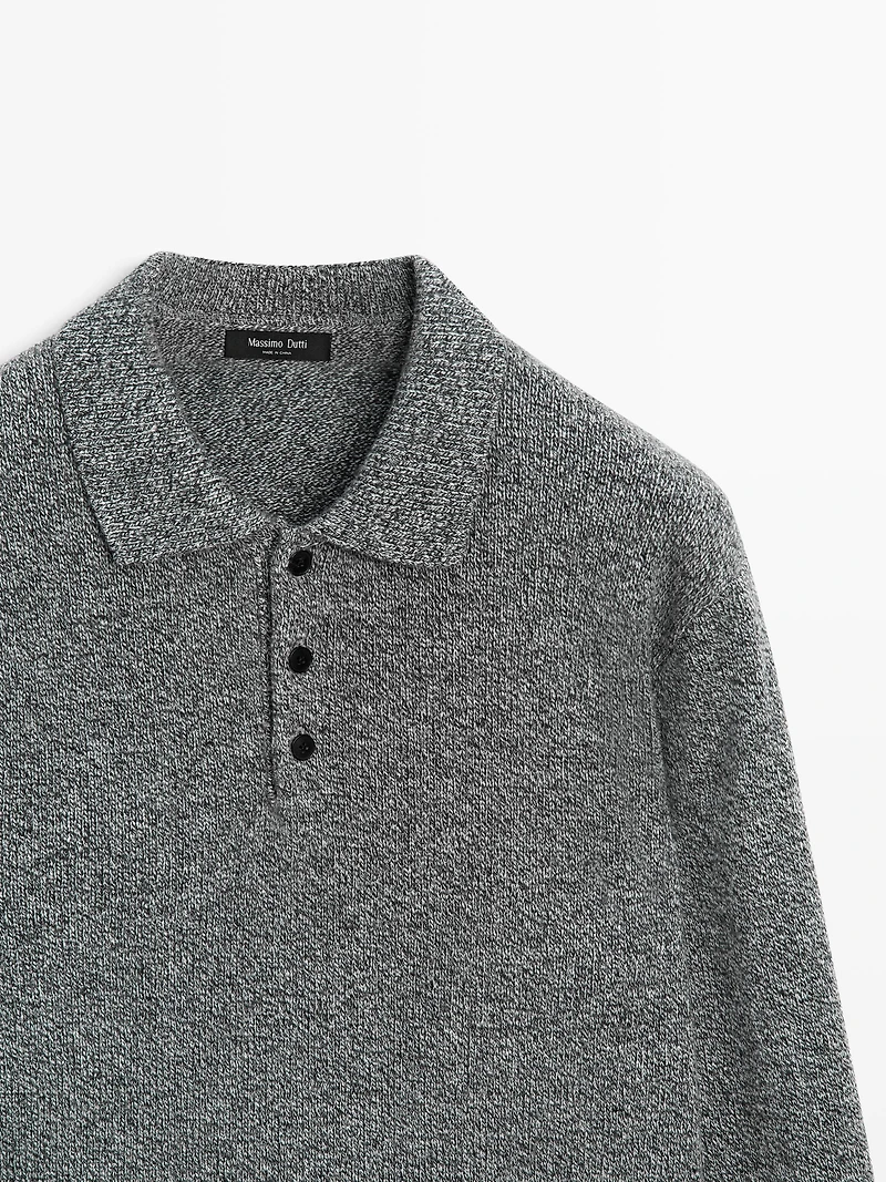 Flecked knit wool blend polo sweater