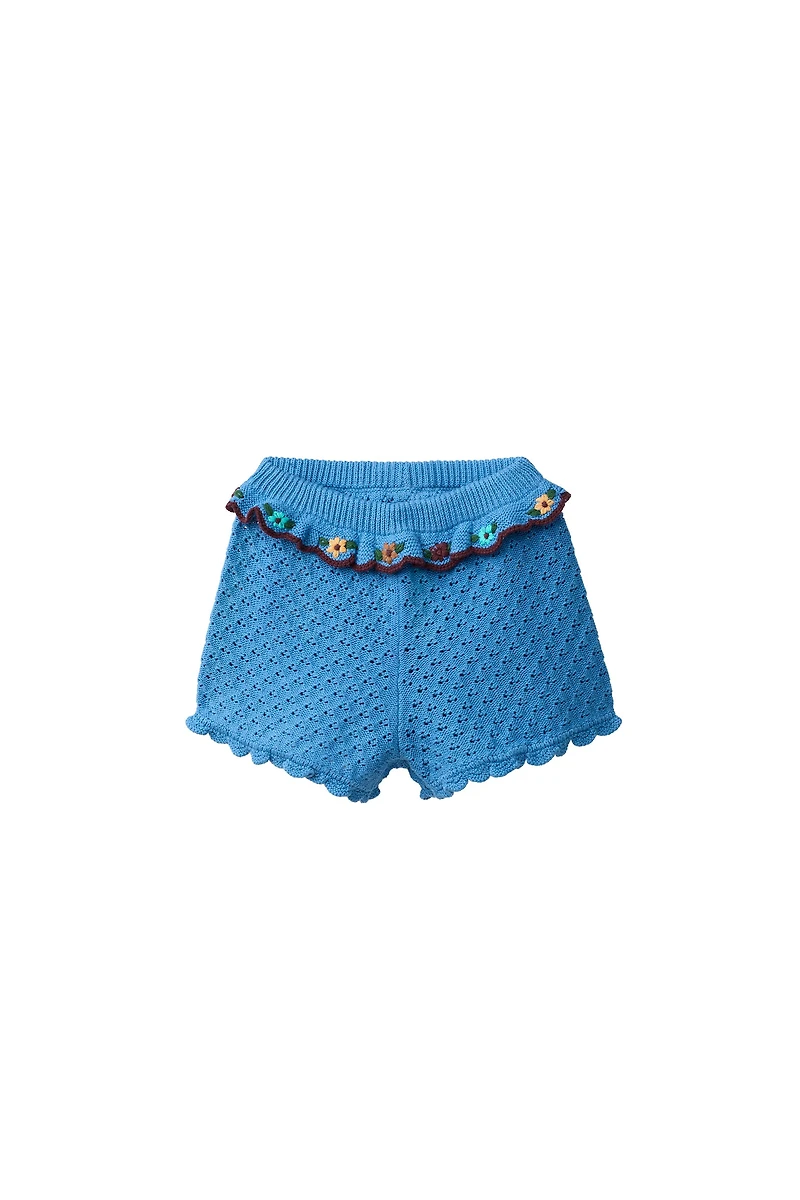 COTTON-LINEN KNIT SHORTS WITH RUFFLES AND EMBROIDERY