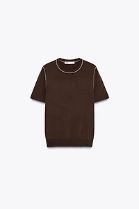 TRIMMED SHORT SLEEVE KNIT TOP