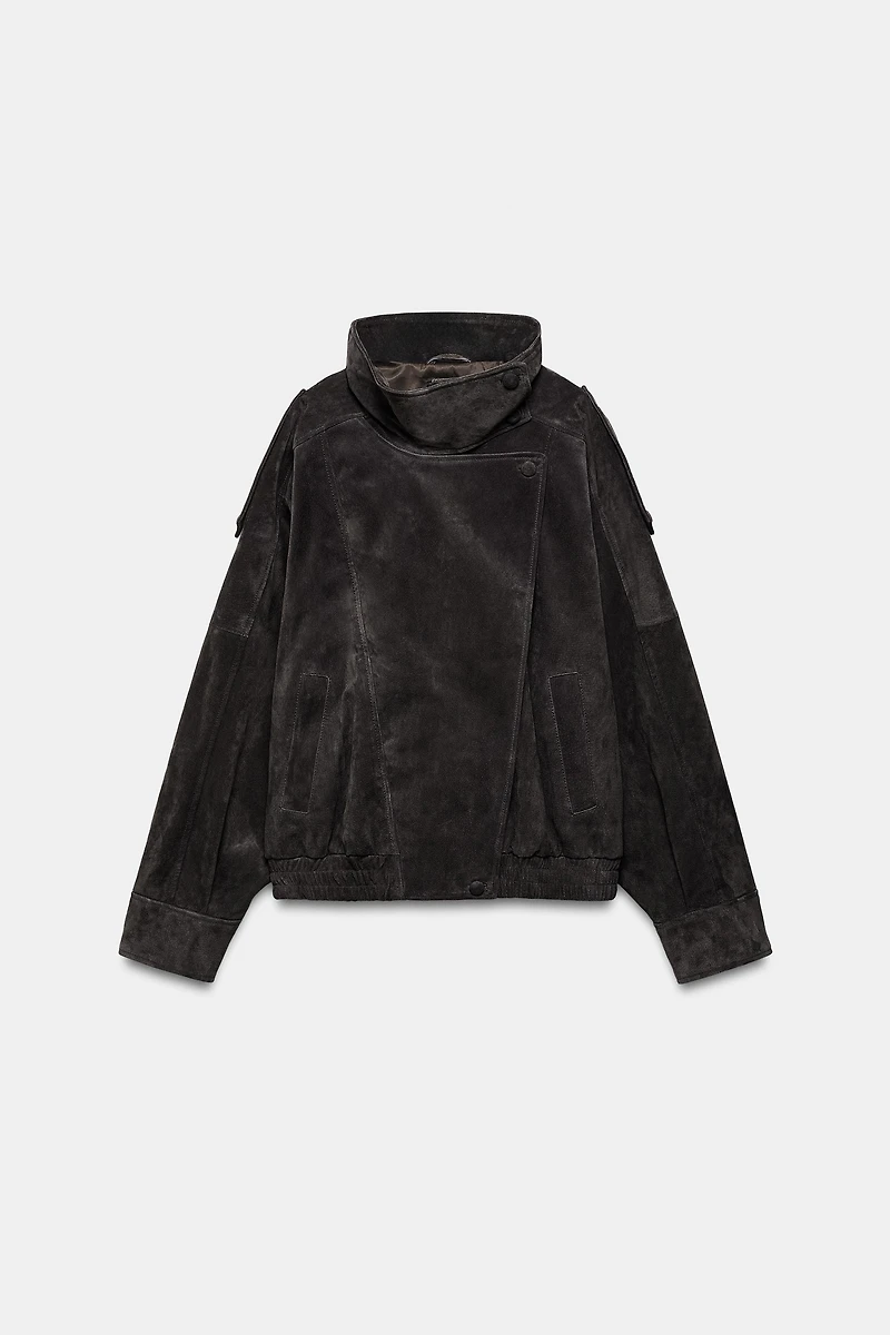 100% SUEDE BIKER JACKET WITH COVERED BUTTONS