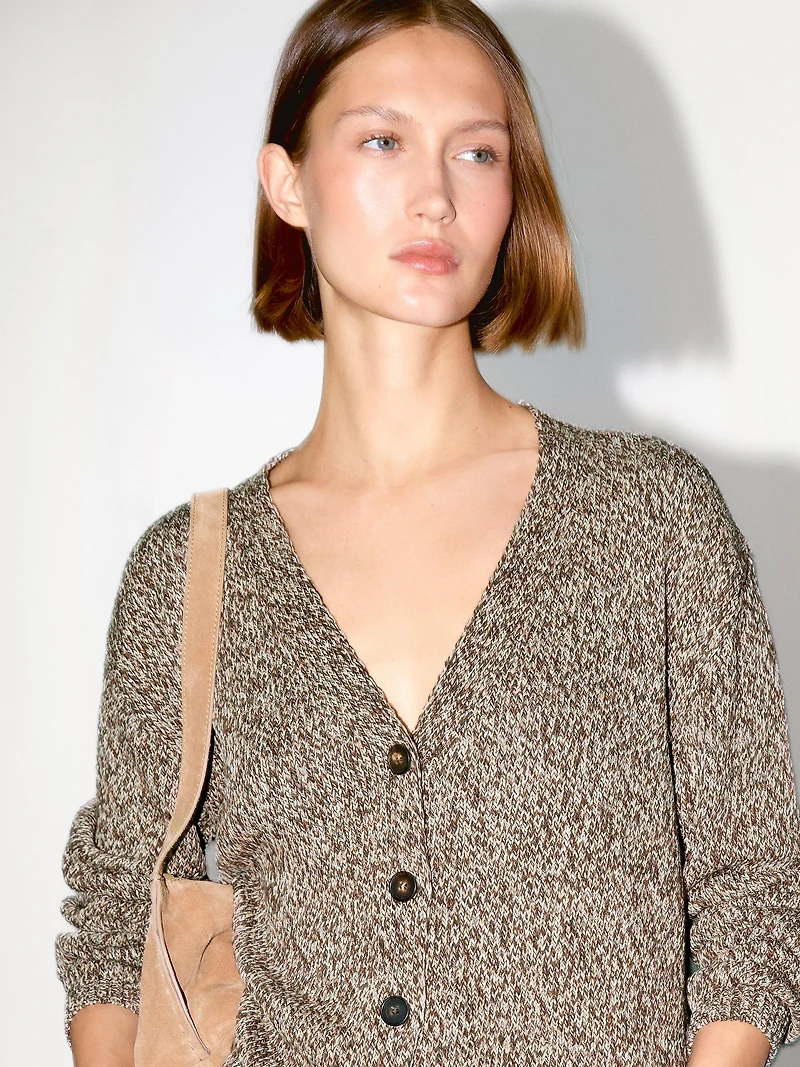 Cardigan long maille moulinée col en V