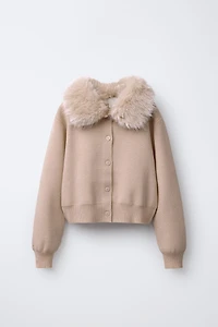 CARDIGAN WITH DETACHABLE FAUX FUR COLLAR